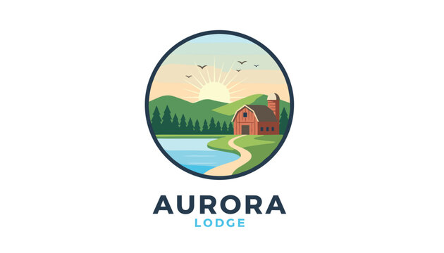 Round logo design for Aurora Lodge featuring scenic mountain, lake, barn, forest, and rising sun landscape.