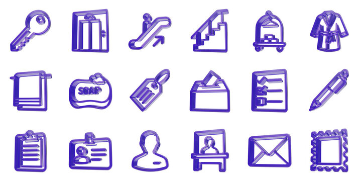 Extensive collection of purple three dimensional hotel amenities and service icons for travel and hospitality business