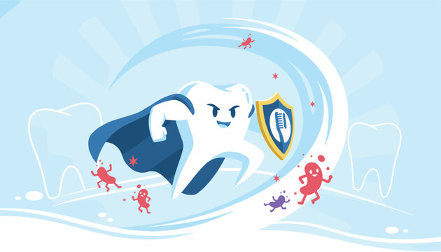 Cute cartoon superhero tooth holding a protective shield and cape, defeating bad red bacteria monsters.
