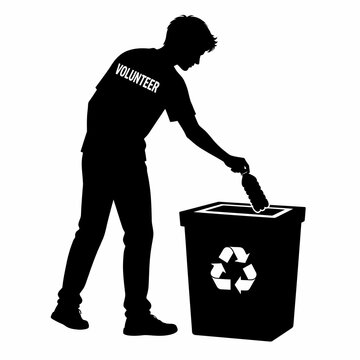 Silhouette of a man wearing a VOLUNTEER t-shirt placing a plastic bottle into a recycling bin marked with a recycling symbol, side profile view, isolated on white background vector.