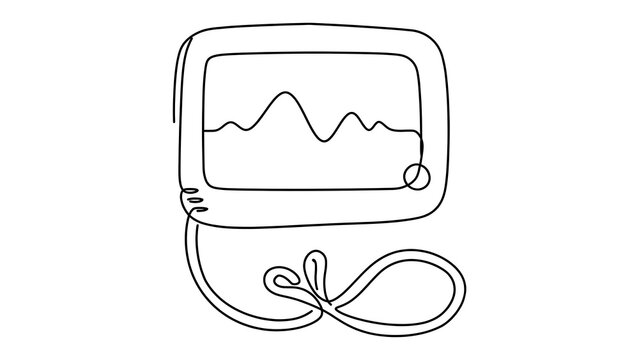 Handheld ECG monitor line art white background.