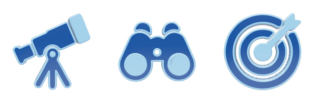 Science and exploration icons showing telescope binoculars and target for professional research and successful strategic planning concepts