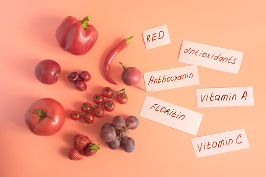 Fresh, healthy red fruits and vegetables, with text on white paper describing their beneficial properties, shot in close‑up from above.