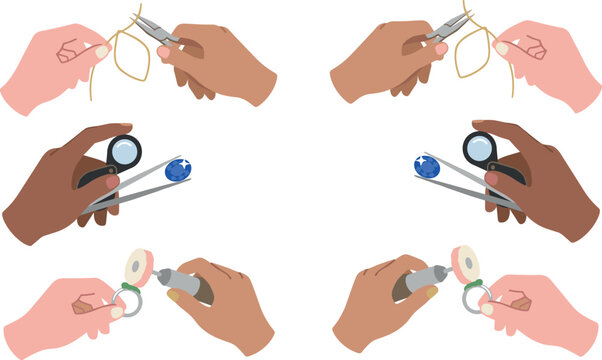 Bench Jeweler Craft and Jewelry Making Process Vector Set Featuring Hands Shaping Wire with Pliers Inspecting Blue Sapphire with Loupe and Polishing Ring with Rotary Tool