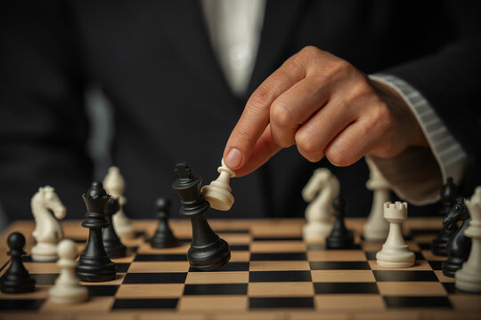 business hand holding white chess pawn taking black king, checkmate concept