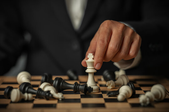 business hand holding white chess king on board with fallen pieces