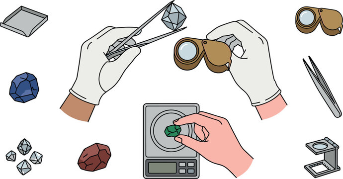 Gemstone Grading and Diamond Appraisal Vector Set Featuring Hands in Gloves Holding Raw Crystal with Tweezers Operating Loupe Weighing on Digital Scale and Jewelry Tools