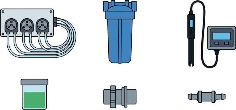 Hydroponics Water Filtration and Nutrient Dosing System Icon Set Featuring Peristaltic Dosing Pumps Blue Water Filter Housing Digital pH EC Controller Probe Liquid Sample Jar and Pipe Connectors