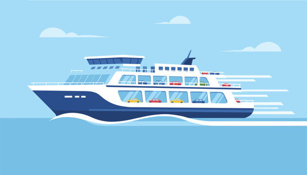 Vector illustration of a modern passenger car ferry boat sailing on calm blue water under a clear sunny sky.