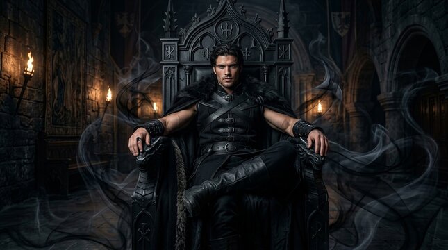 Armored ruler seated on throne in gothic castle hall
