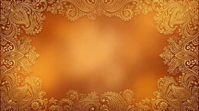 Elegant golden paisley pattern frame border on a warm orange gradient background with intricate traditional indian ornamental design