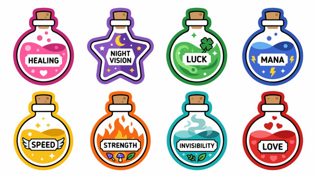 Colorful magical potion bottles with labels