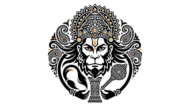 Hanuman vector illustration featuring intricate traditional ornaments and sacred mace symbol