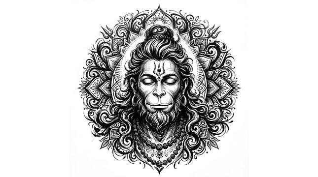 Hanuman divine portrait illustration with intricate mandala and sacred symbols background