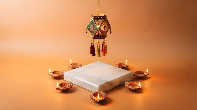 Diwali festival background with a marble podium for product display, decorated with traditional oil lamps and a hanging lantern on a warm orange background