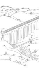 Fototapeta premium Illustrated aqueduct with workers white background.