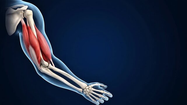 3D Medical Illustration of Full Arm Musculature Including Biceps, Triceps, and Forearm