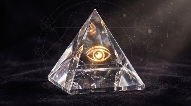 Mystical crystal pyramid with all seeing eye and occult symbols