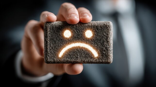 A person in a suit holding a small, glowing gray brick depicting a sad face