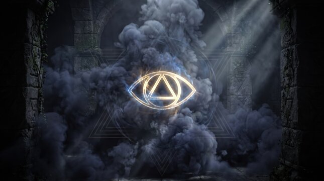 Glowing mystical eye symbol in dark smoky ancient stone chamber