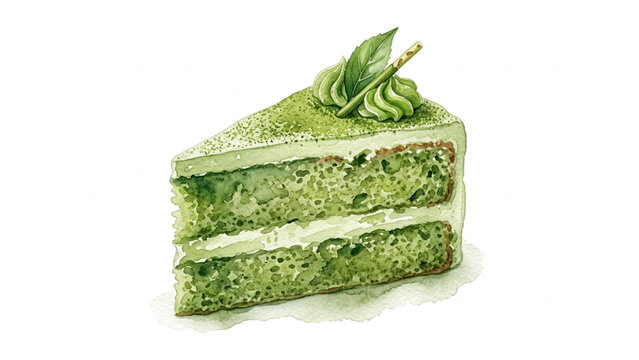 Slice of green matcha cake with cream frosting.