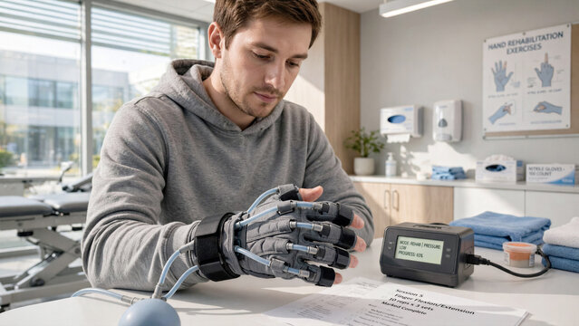 Patient wearing a soft textile exoskeleton glove for hand rehabilitation therapy in a modern medical clinic