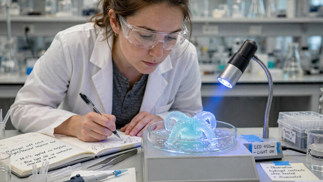 Scientist observing hydrogel based soft robot reacting to light and temperature changes in a petri dish