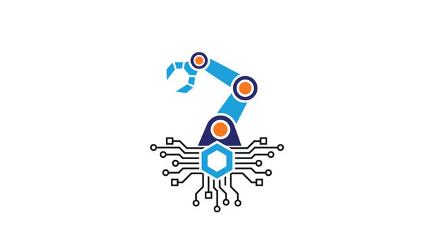 Abstract icon of a blue robotic arm or industrial claw mechanism connected to a circular computer microchip circuit base.