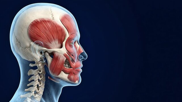 3D Medical Illustration of Human Facial and Cranial Muscles on Dark Background