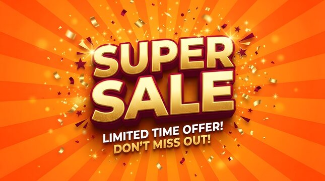 Super sale promotional banner with bold 3d gold text on an orange sunburst background with falling confetti
