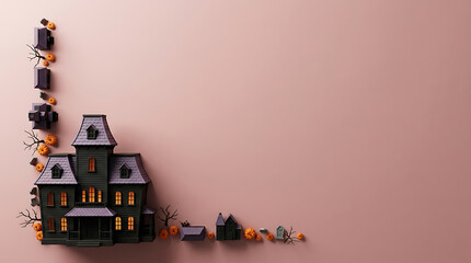 Fototapeta premium Spooky lego halloween haunted house with figures and decorations