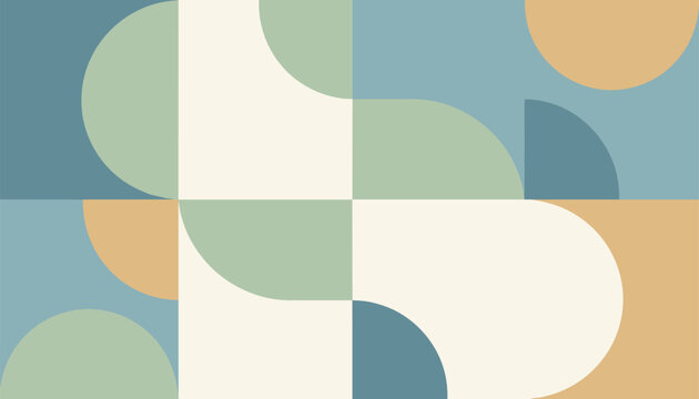 Abstract geometric composition containing overlapping circles, semicircles, and curves in a modern color palette of teal, beige, and yellow.