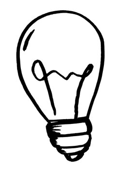 Hand drawn black and white light bulb doodle icon with filament line art sketch illustration