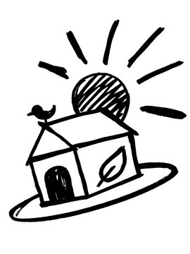 Hand Drawn Eco Friendly House Icon with Sun and Bird