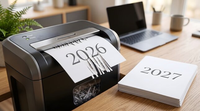 Black paper shredder machine destroying document labeled 2026 next to pile of neat white papers marked 2027 on wooden desk showing year transition.
