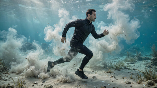 Man in sports gear running in slow motion on the seabed with sand clouds and graceful movements