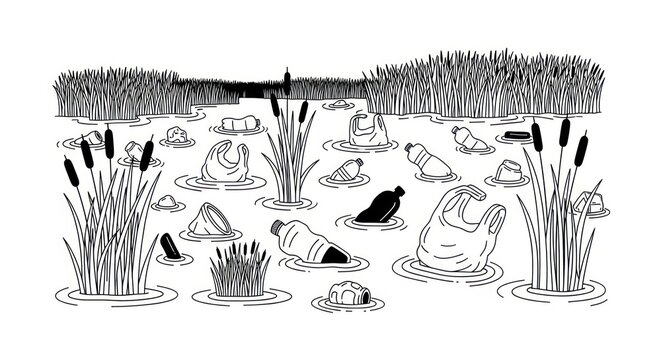 Black and white illustration pond scene.