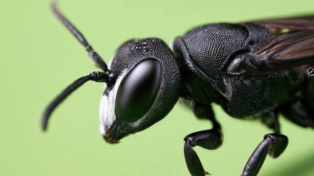 Closeup view of a black insect with large, dark eyes against a soft green backdrop.