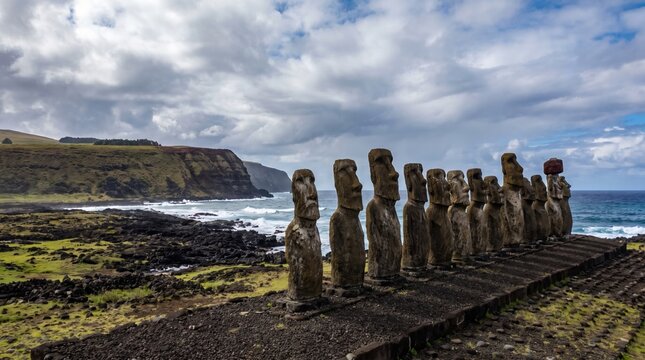 Moai statues at Ahu Tongariki on Easter Island Chile