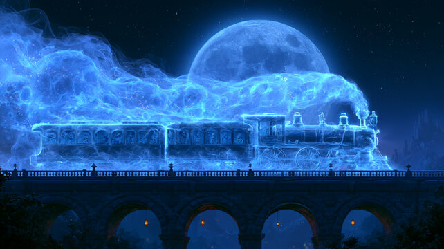 Transparent Ghost Train Crossing a Bridge in Front of a Giant Full Moon