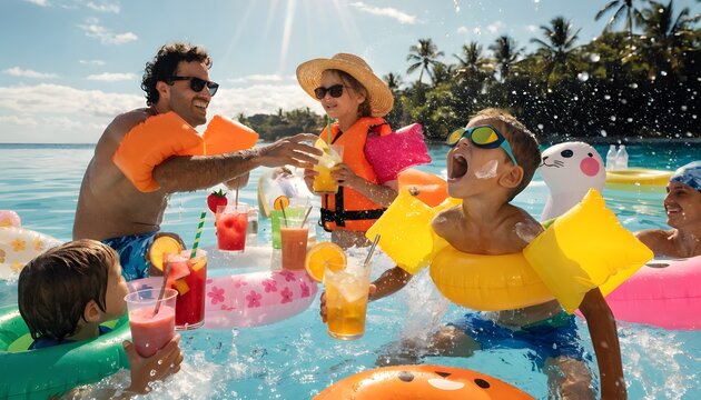 Family with children enjoying tropical pool party with summer drinks