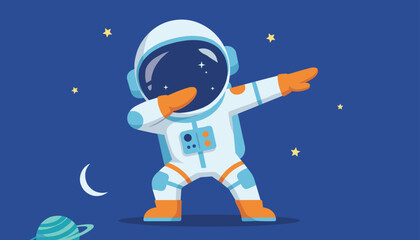 Naklejka premium Playful cartoon illustration of an astronaut in a spacesuit performing a popular dabbing dance pose in a starry outer space.