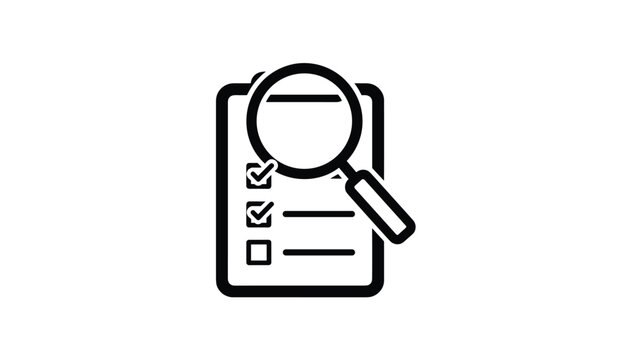 Simple black line icon showing a clipboard checklist being audited or examined under a large diagnostic magnifying glass.