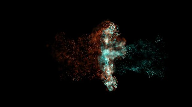 Dynamic glowing particles burst and flow through a central energy wave, blending vibrant orange and cyan light on a dark background. Perfect for technology, energy, futuristic, digital, and abstract v