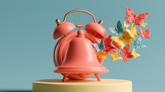 Glossy claymation style illustration of an alarm bell standing on a plinth with subtle texture and a considered neutral palette
