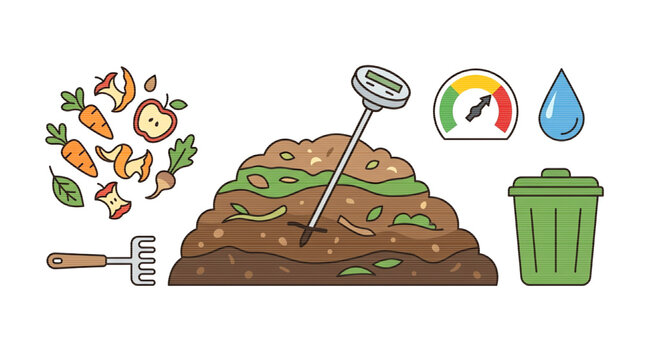Organic Composting Process, Food Scraps and Soil Thermometer Vector
