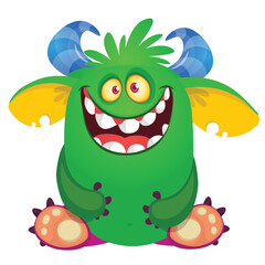 Fototapeta premium Cartoon Halloween monster creature with scary horns isolated white