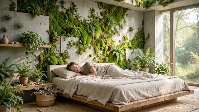 Healthy eco lifestyle concept with a person sleeping in a modern concrete bedroom covered with green fresh moss