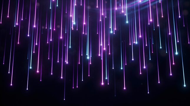 Abstract background with falling neon glowing light streaks in purple and blue colors, digital art wallpaper design