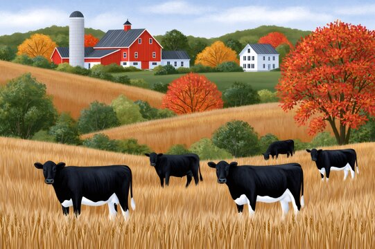 Black cows grazing in autumn rural farm landscape